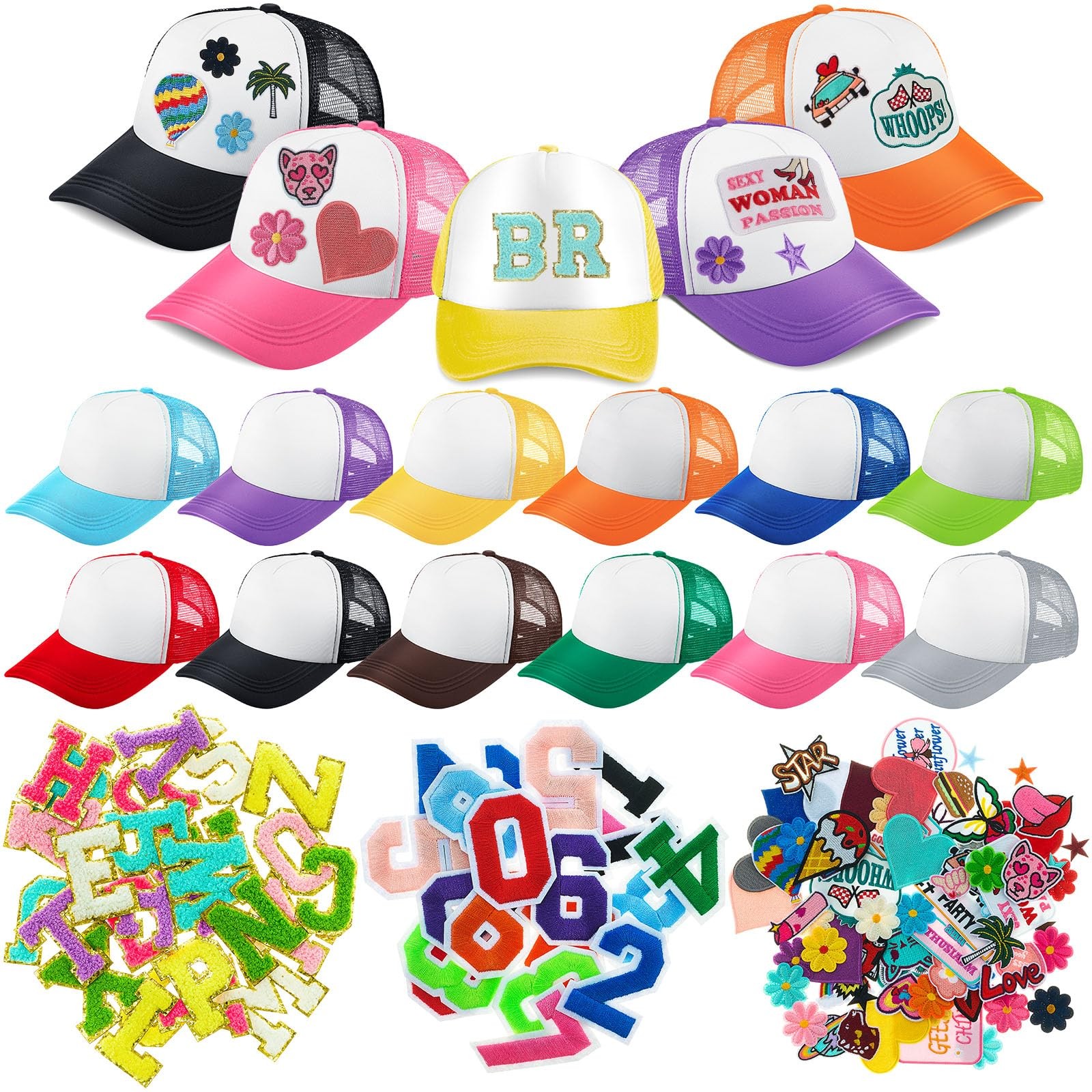 12 DIY Trucker Hats Kit, Sublimation Blank Baseball Caps with 120 pcs Embroid…