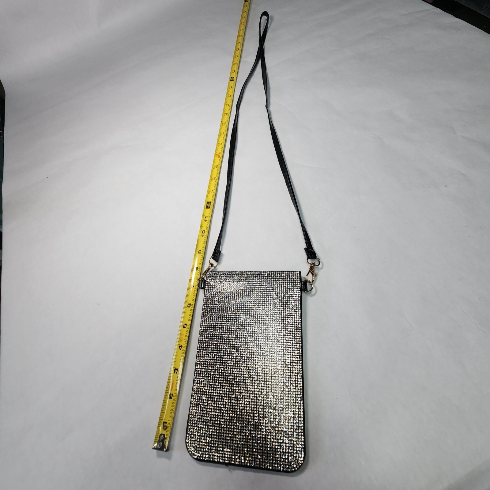 Black And Crystal Studded Phone Case With Clear View Panel And Shoulder Strap