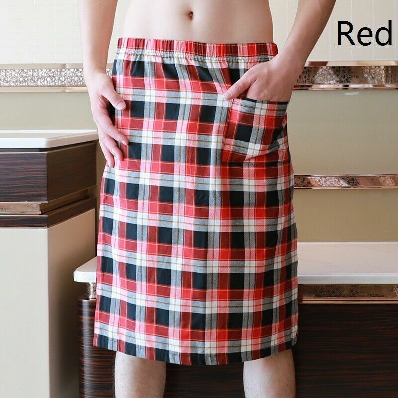Men’s Cotton Blend Check Night Skirt Plaid Nightdress Lingeries Sleepwear Casual