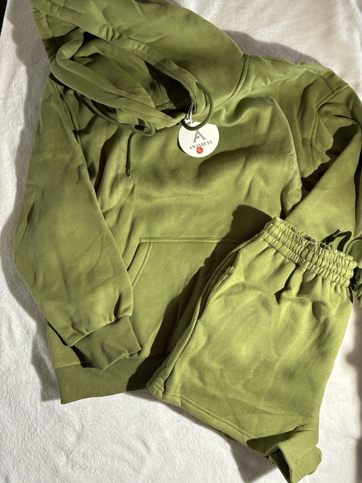 ANRABESS Women’s Green 2-Piece Fleece Sweatsuit Set Hoodie & Shorts Size S