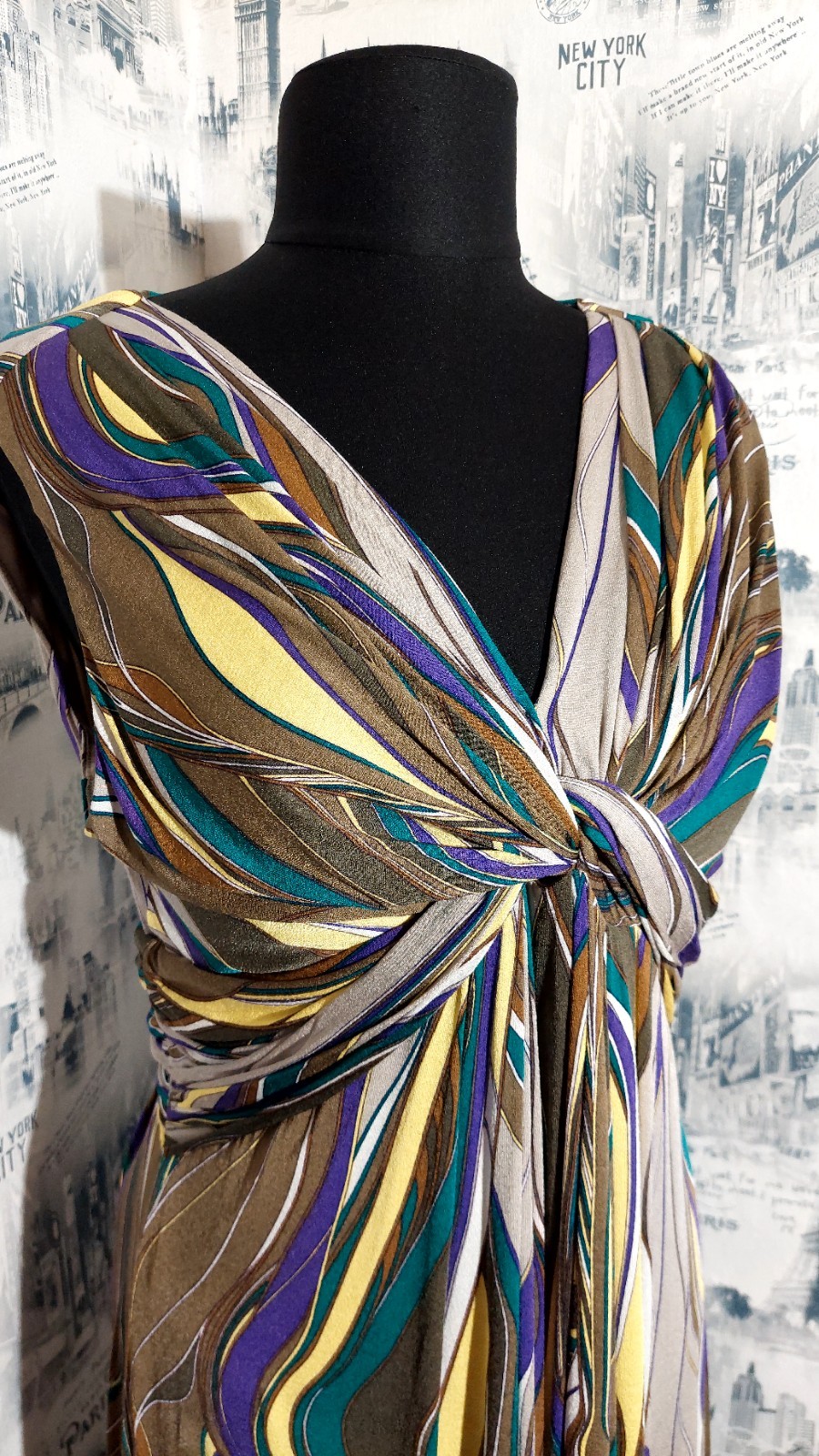 ​Max Mara Studio Vacillo Knotted Dress XL Abstract Swirl V-Neck Sleeveless Knee
