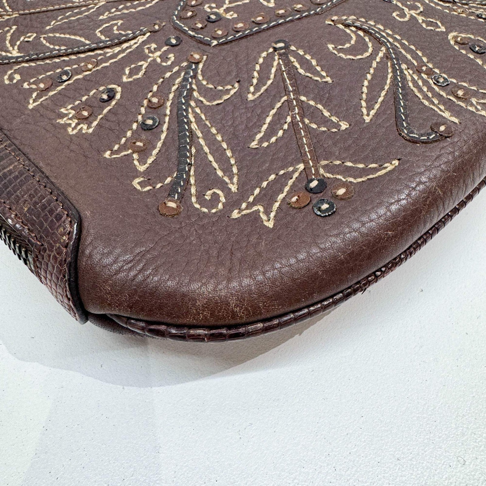 FENDI Selleria Oyster Lizard Embossed Leather Trim Embroidered Brown Leather Sho