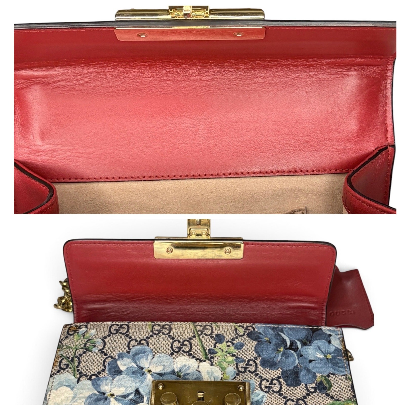 Gucci Small Padlock GG Blooms Shoulder Bag Blue Floral Red Leather Gold Chain