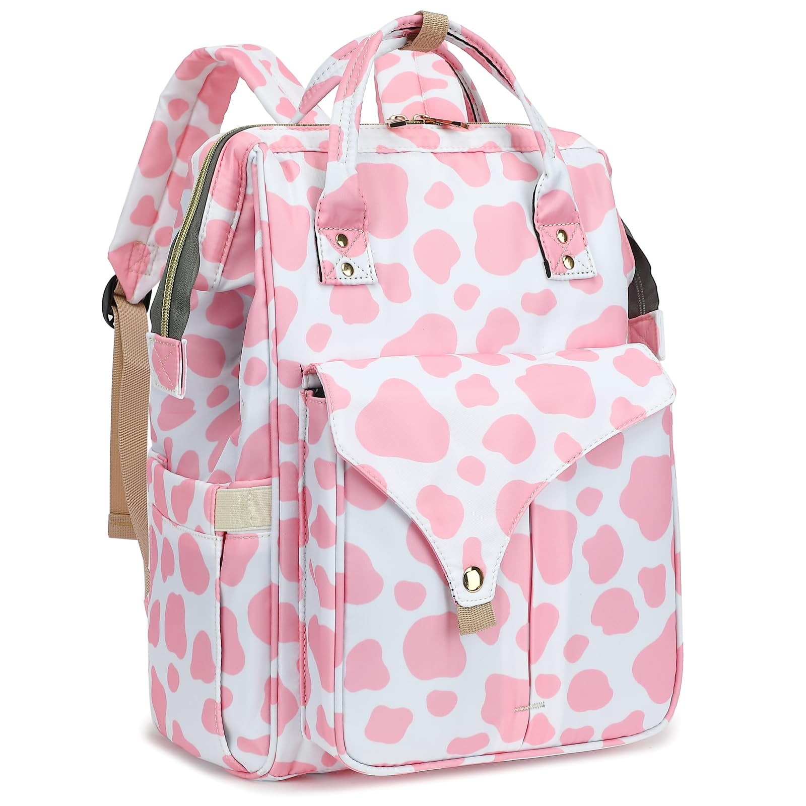Pink Cow Print Large Travel College Laptop Backpack Bookbag Fits 15.6 Inch