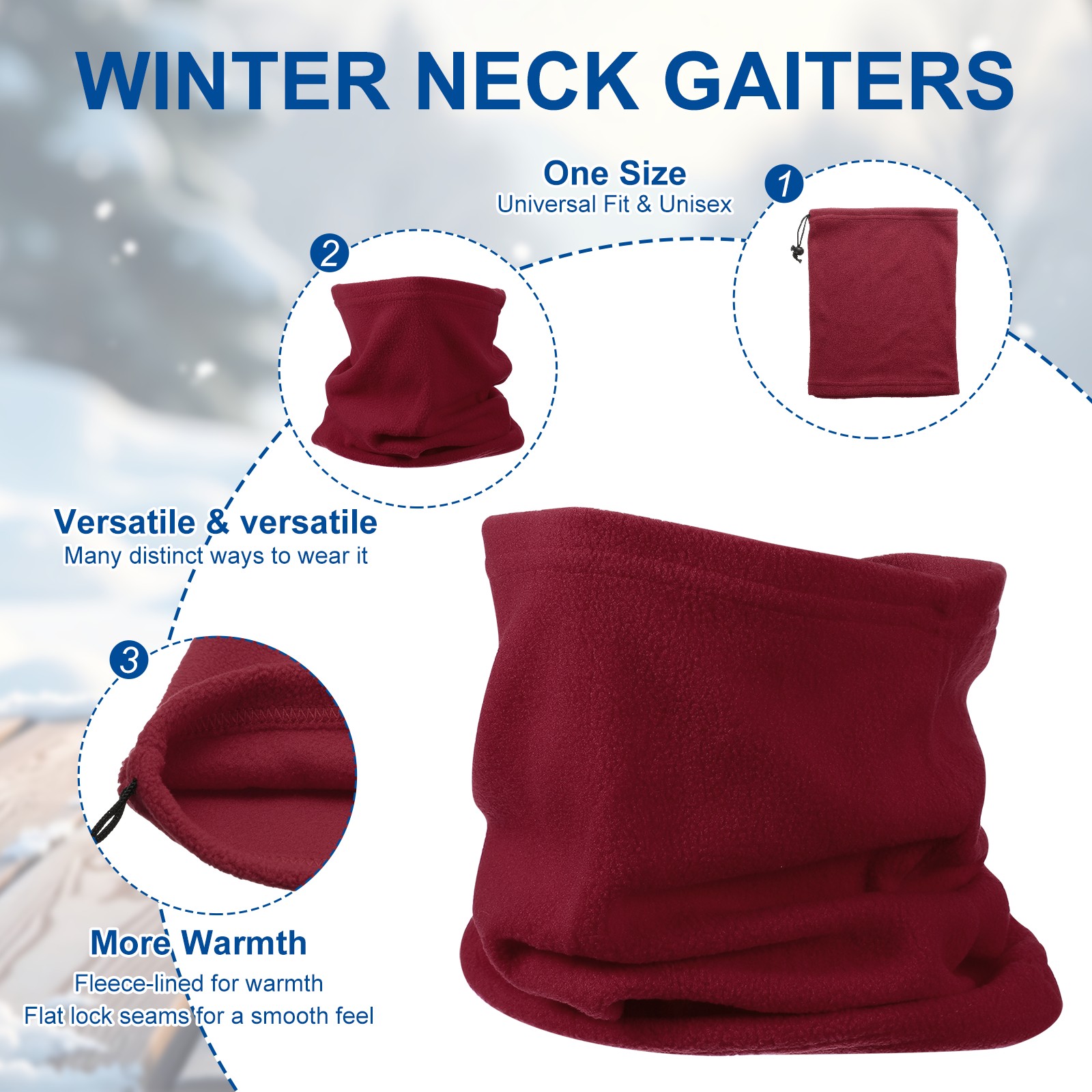 Winter Neck Gaiter, Winter Warmer Ski Face Mask Thermal 2Pcs Burgundy/Dark Grey