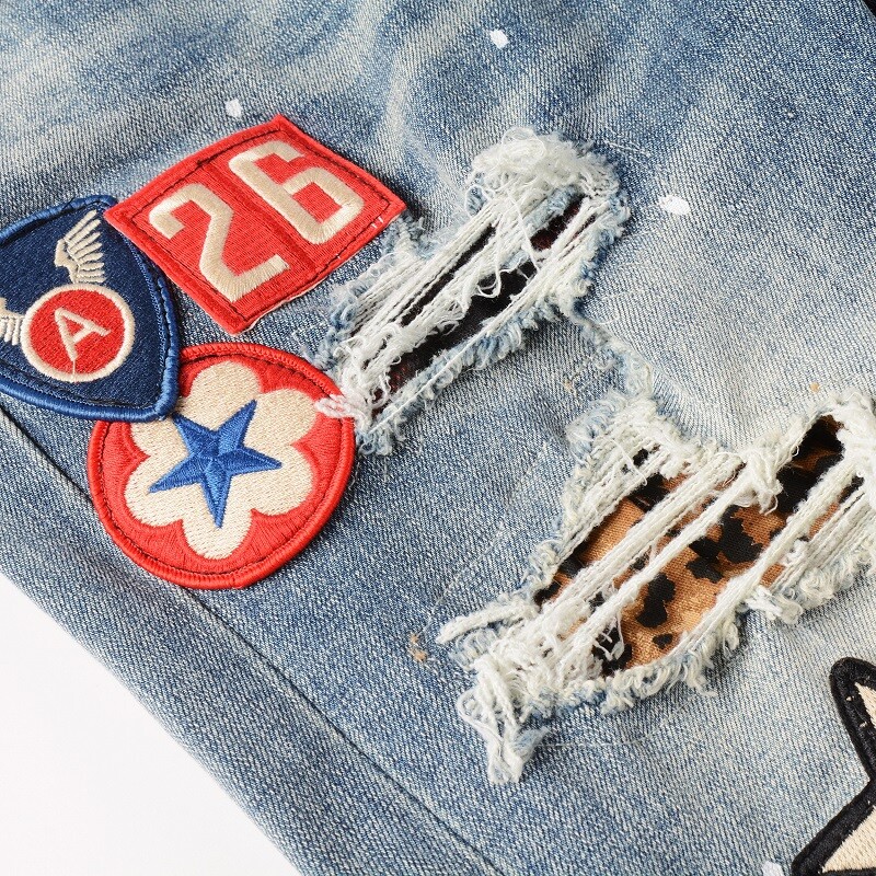 Men’s Vintage Distressed Stretch Denim Skinny Jeans with Patches and Studs