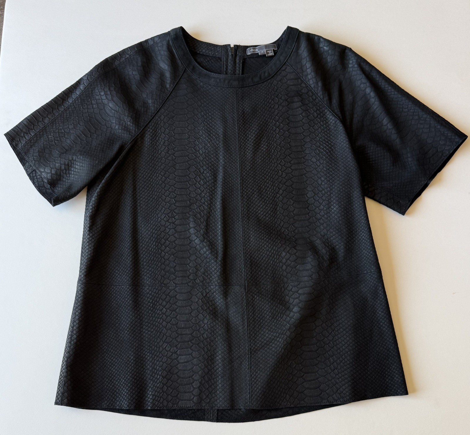 Vince 100% Leather Embossed Snake Print Black Top Blouse Short Sleeve Size S