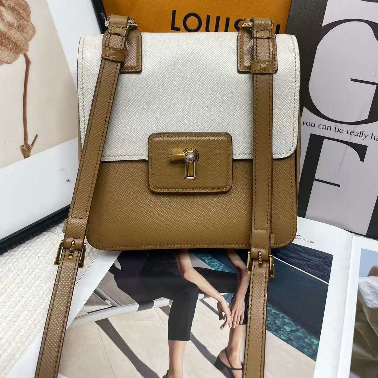 Prada Embleme Small White Camel Brown Saffiano Leather Crossbody Bag