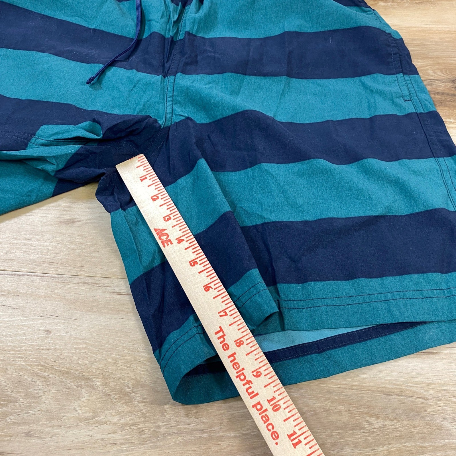 LL Bean Mens Supplex Nylon Striped Swim Trunks Navy Teal Green Medium 281301