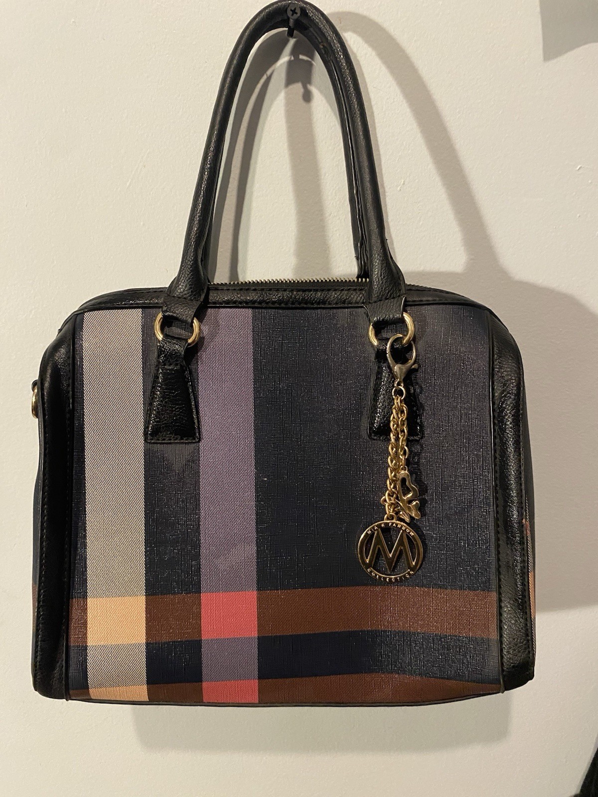 Women’s Black Plaid Satchel Handbag Gold Hardware Bag Charm Zip, Pockets