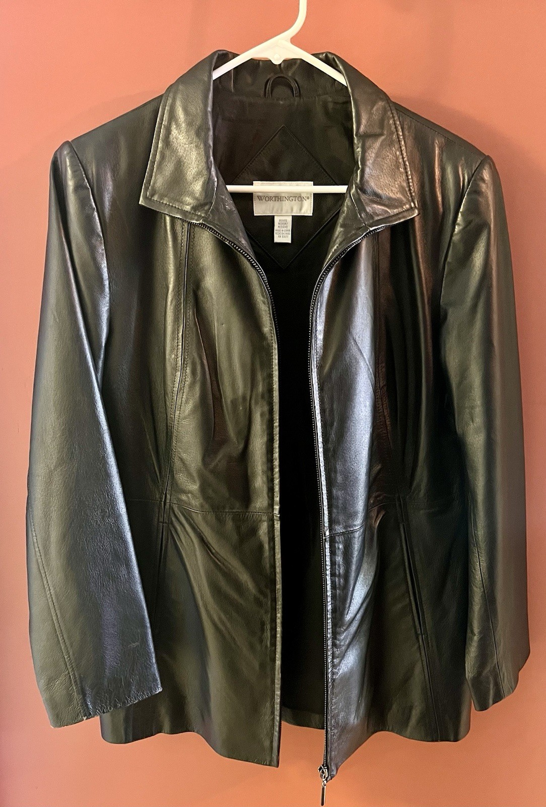 Worthington Womens Black Leather Jacket Belted Lined Biker Petite Medium Grunge