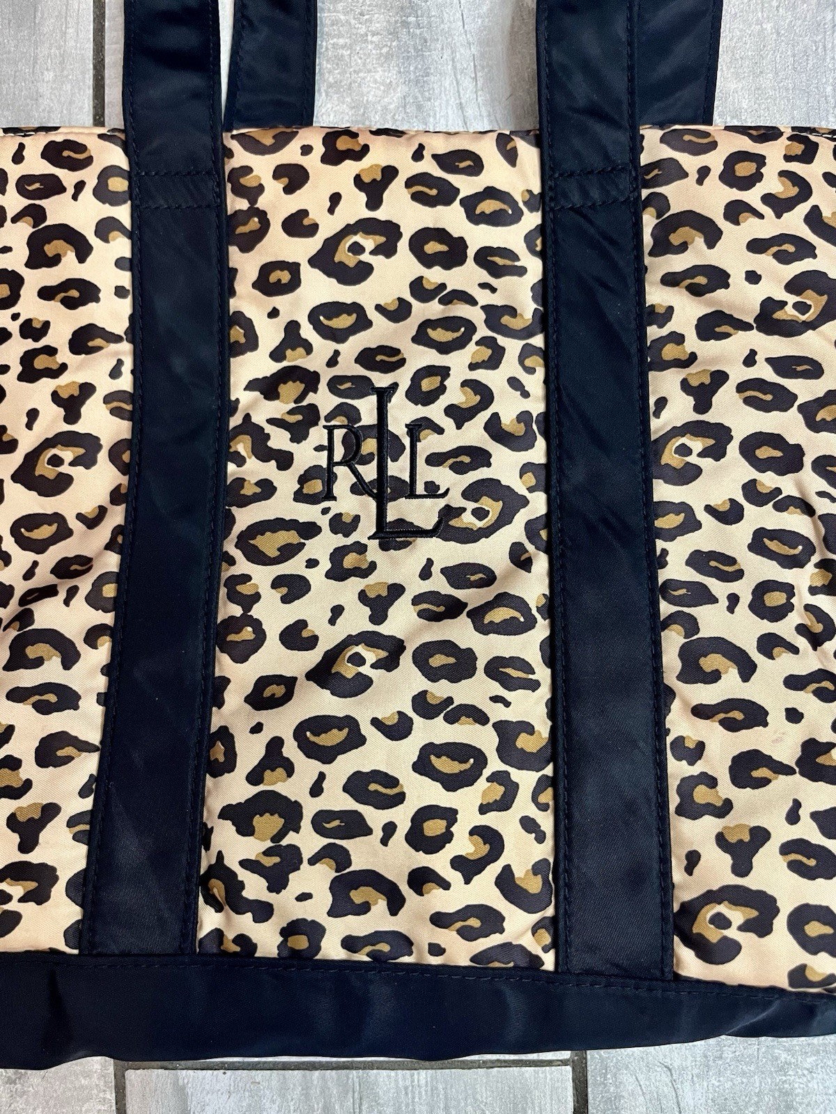 Lauren Ralph Lauren Leopard Print Tote Bag Black Trim & Handles Travel Resort