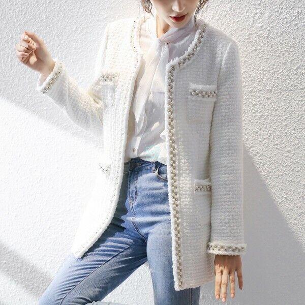 Women’s Tweed Jacket Knitted Mid Long Coat Slim Fit French Formal Korean Elegant