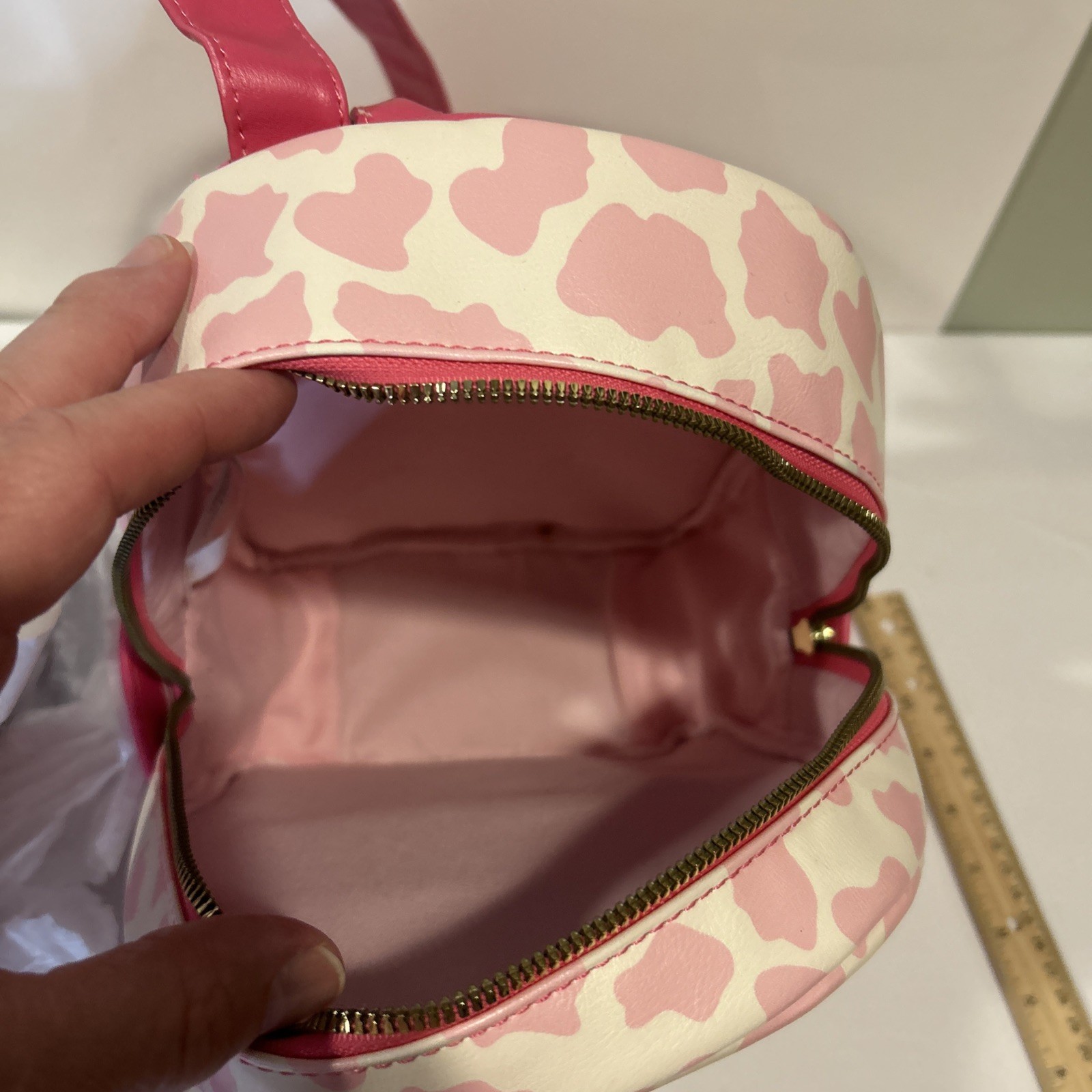 Strawberry Milk Cow Backpack Pink and White Used 11 Inches Gold Hardware Zipper
