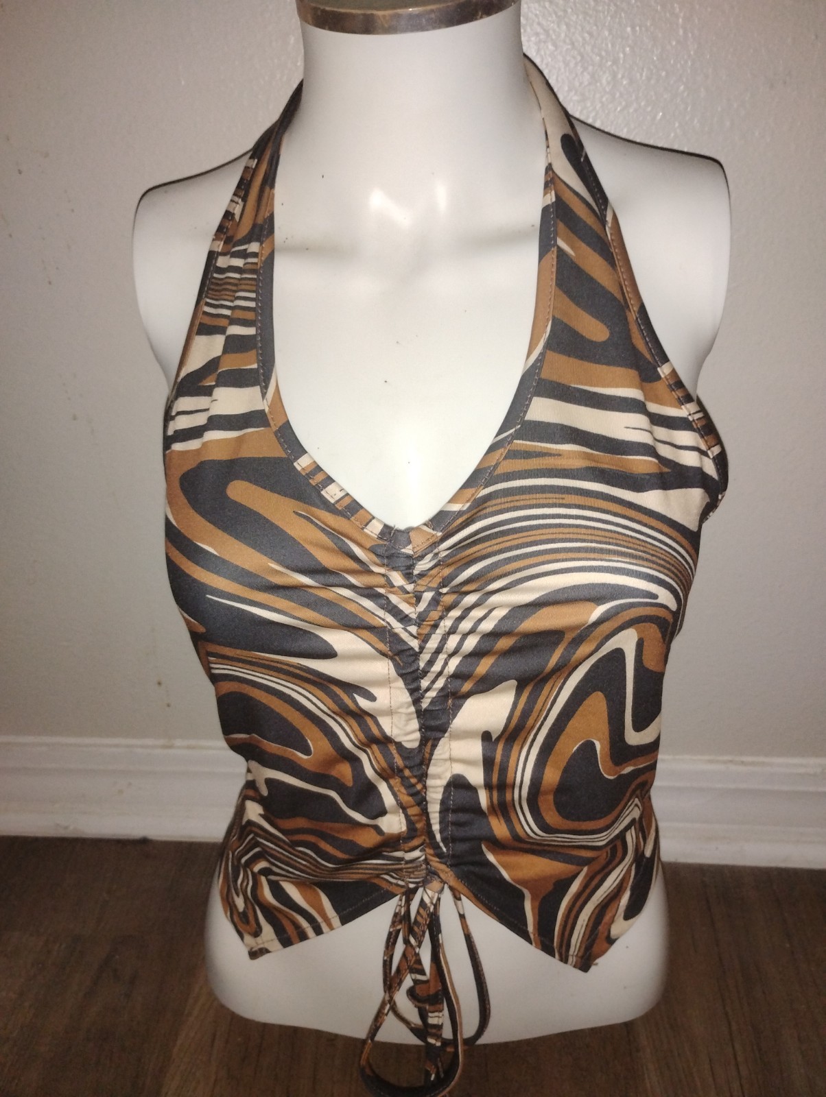 Brown, Cream & Black Marbled Halter Top. Drawstring Front Medium. Sexy Summer