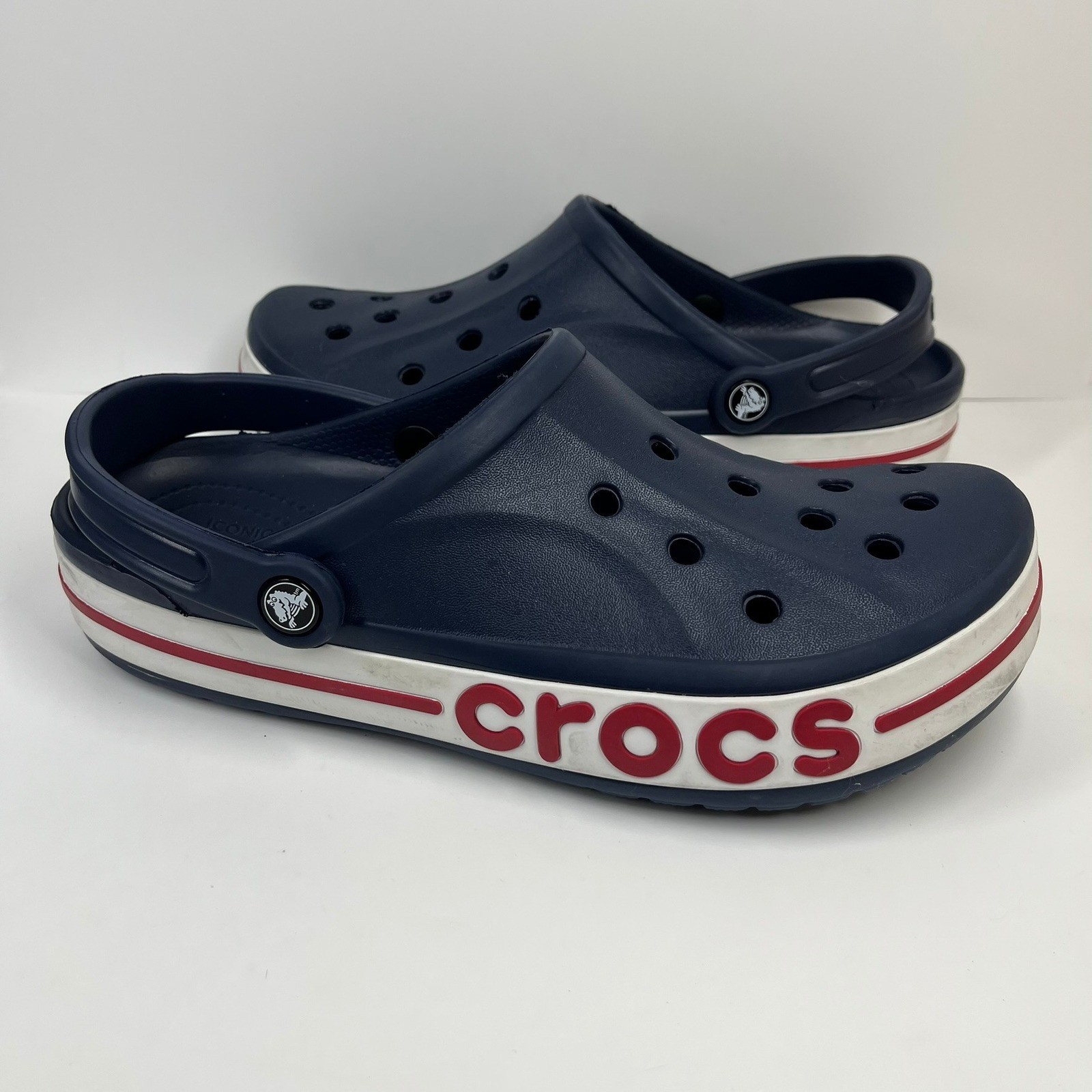 Crocs Bayaband Clog Mens 10 Navy Blue White Red Logo Sporty Comfort Water Shoe
