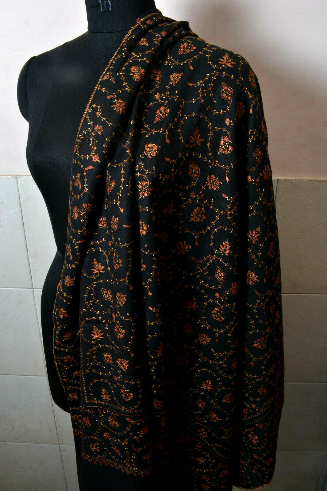 BLACK KASHMIRI WAVE EMBROIDERY JAAL – 100% CASHMERE PASHMINA SHAWL ~ 16 DESIGNS