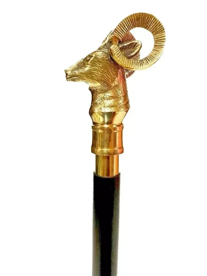 Brass Finish Handle Victorian Cane Wooden Walking Stick Vintage Designer