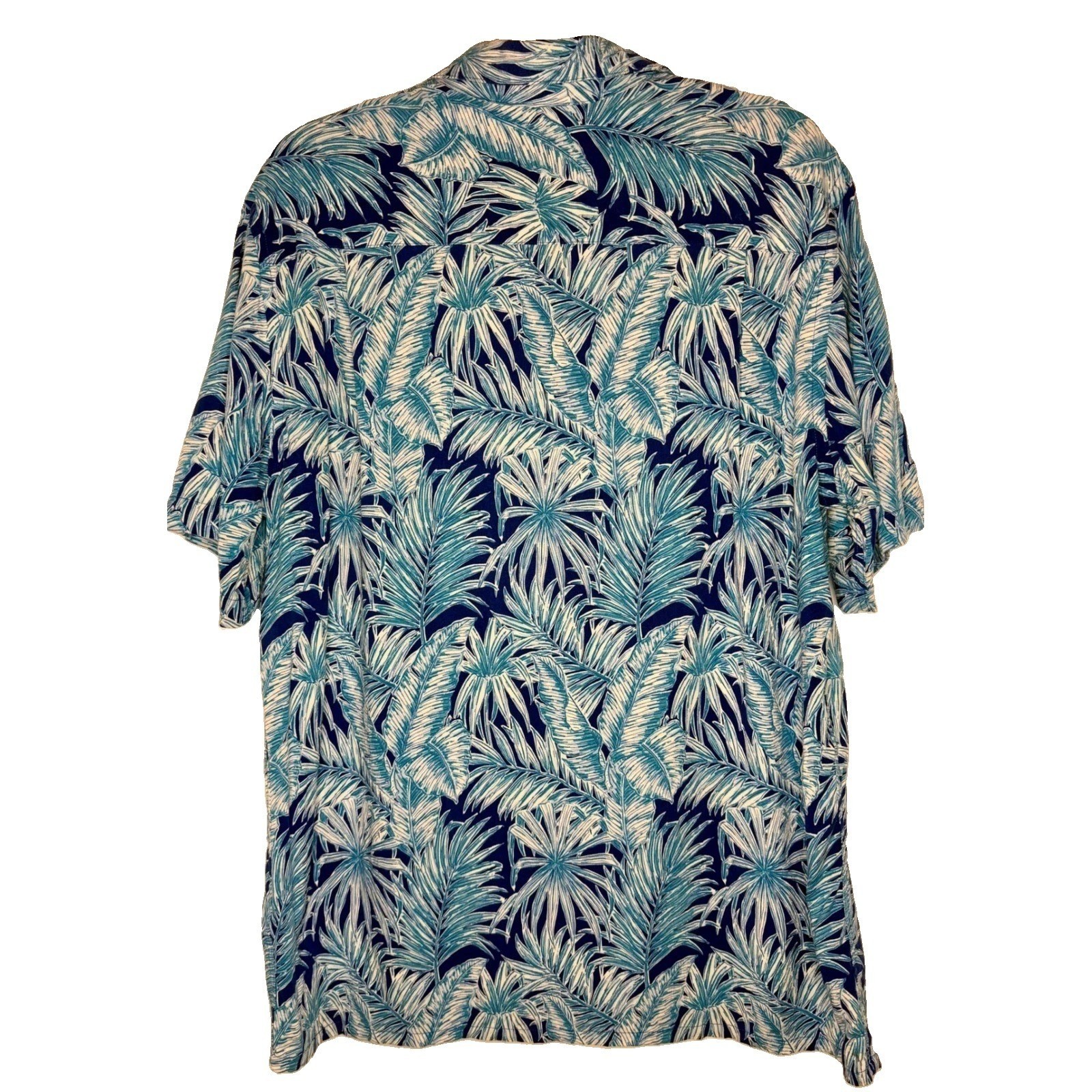 Campia Mens Large Blue Hawaiian Aloha Tropical Palm Leaf Rayon Button Down Shirt