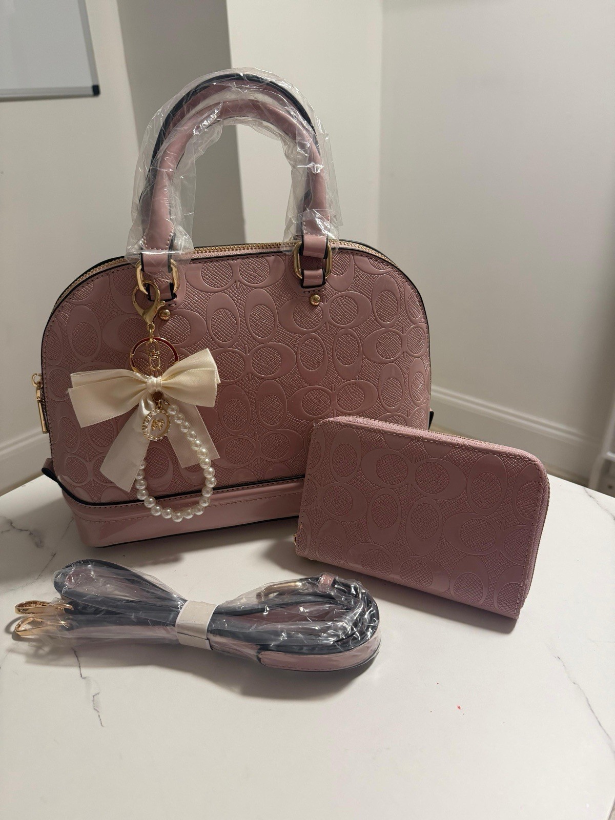 Pink Embossed Logo Satchel Top Handle Bag, Zip Closure, Charm, Gold HW
