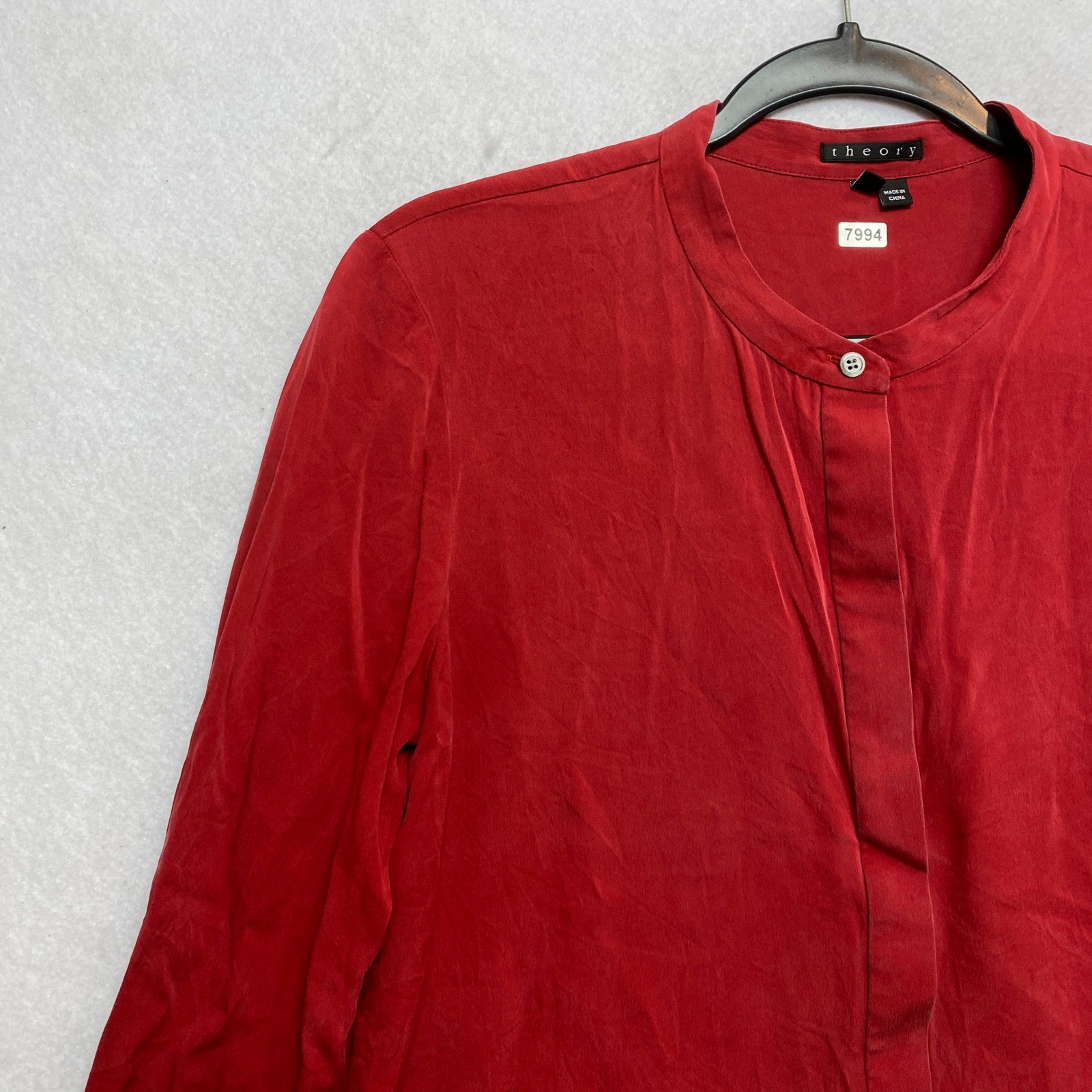 Theory Shirt Womens M Red Long Sleeve Mandarin Collar Button Front Silk Blend