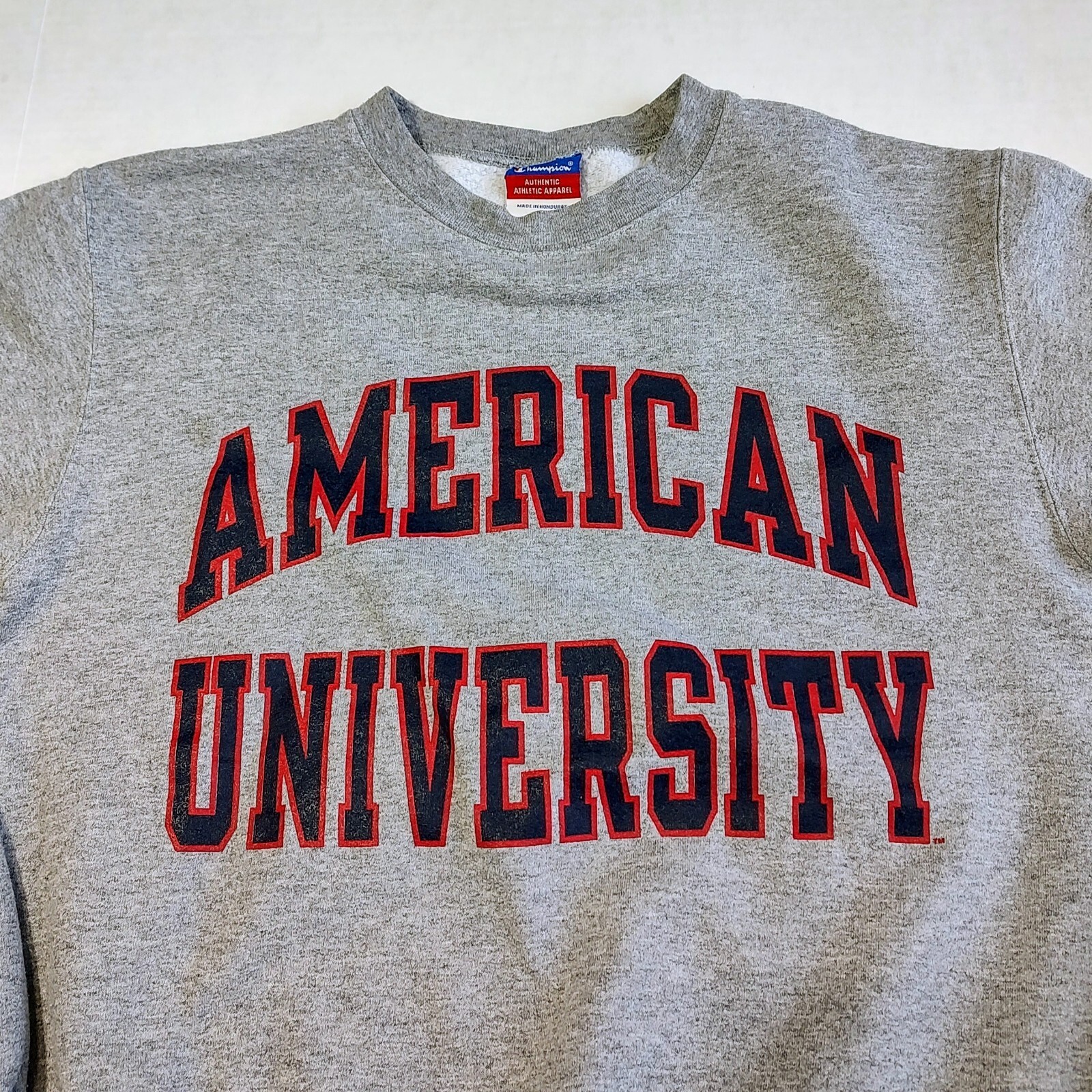 Vtg 90s American University Sweater S Gray Pullover Sweatshirt Spellout Heavy
