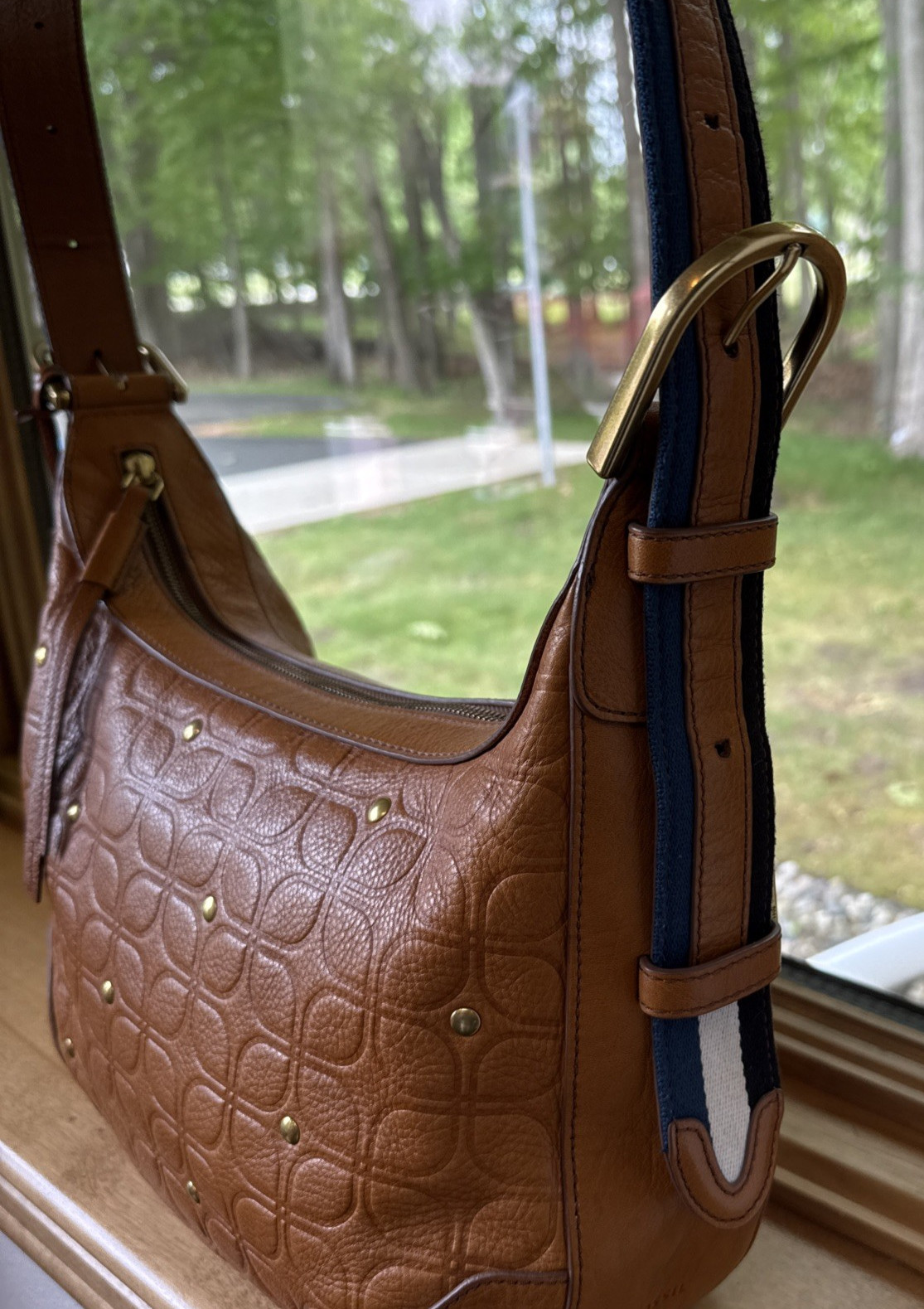 Fossil Hannah Signature Hobo Shoulder Bag Camel Tan Embossed Leather Brass