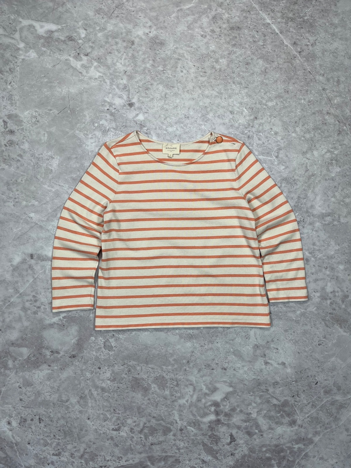 SEZANE Paris Women Striped Top Long Sleeve Button Shoulder Ecru Peach Orange