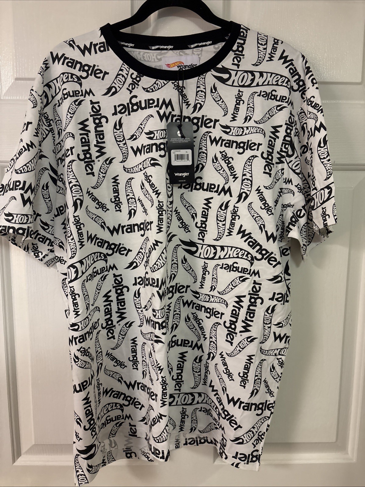 Wrangler x Hot Wheels Tee Men XL Black White All Over Print Logo Cotton