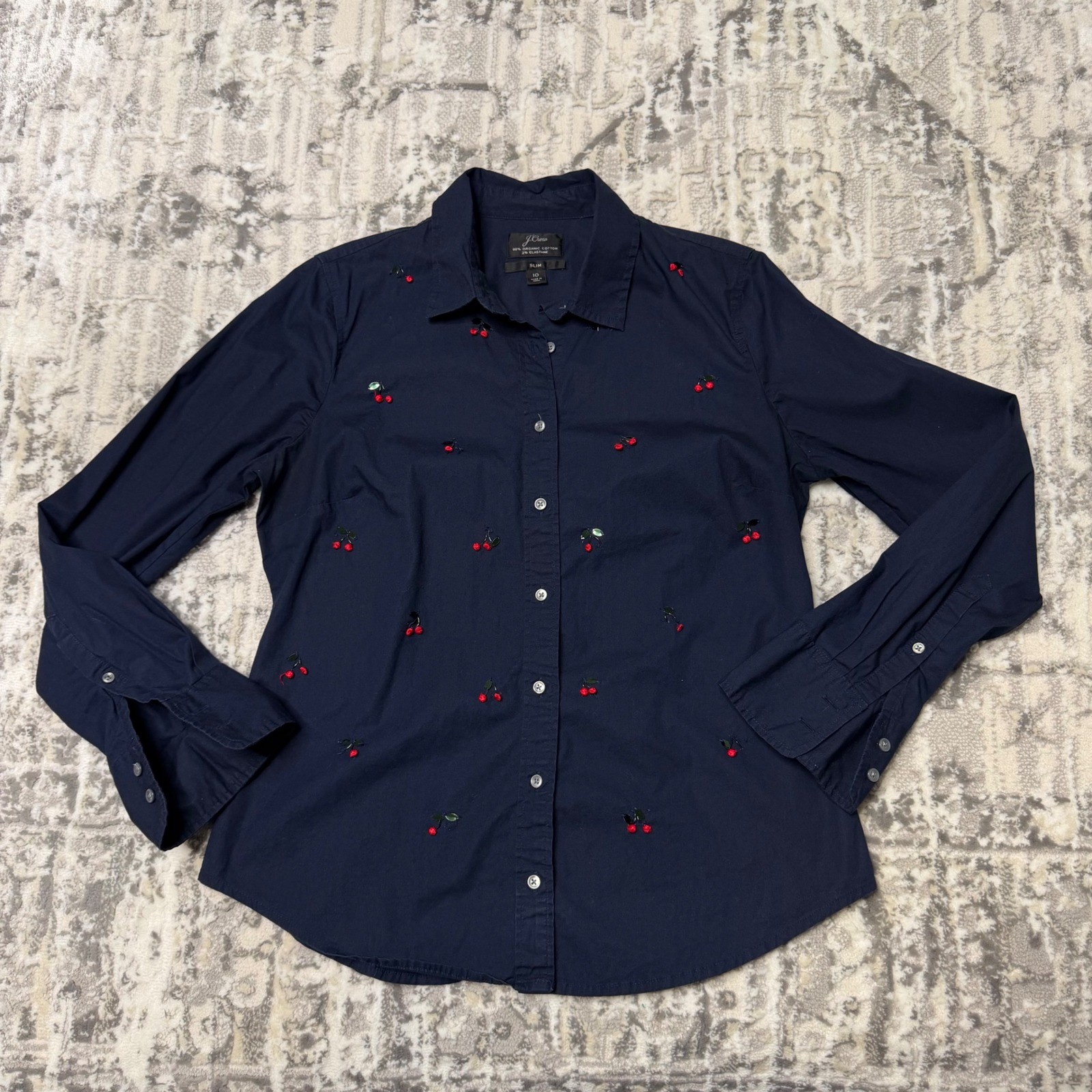 J.Crew Slim Fit Navy Blue Cherry Embellished Button Down Shirt 10 Organic Cotton