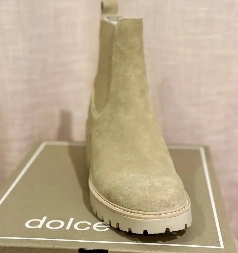 size 9.5 Dolce Vita Hutton Lug Sole Suede Ankle Boot sand beige womens booties