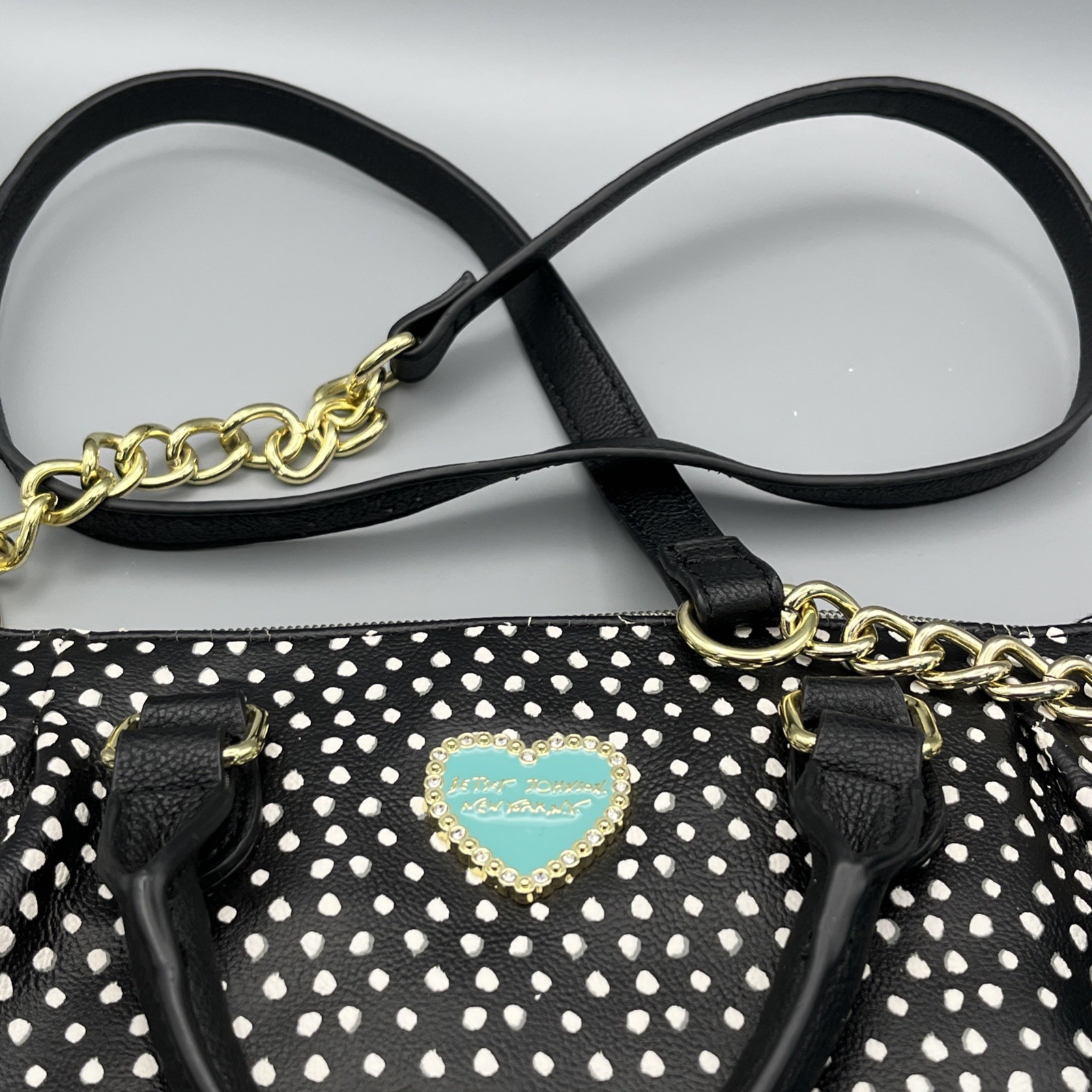 Betsey Johnson Polka Dot Shoulder Bag Purse Black & White Turquoise Bow Charm