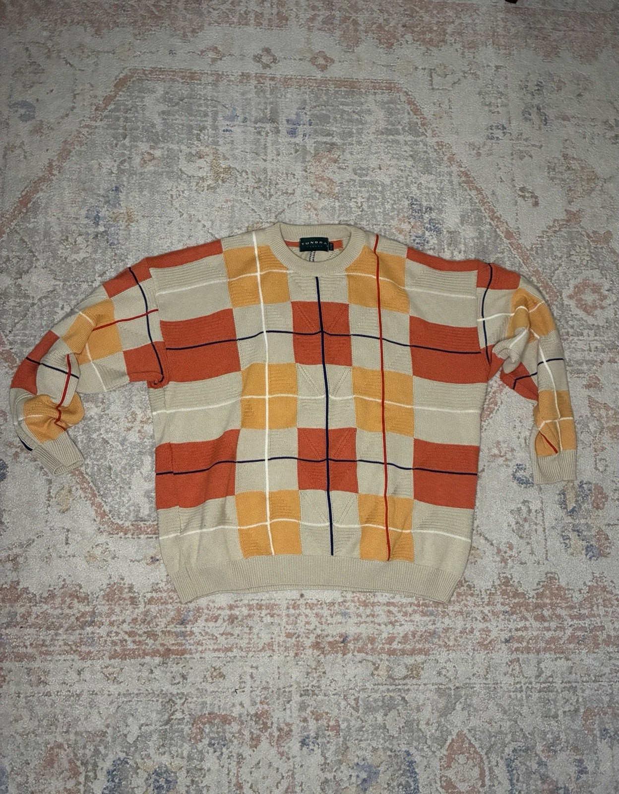Vintage 90s Tundra Canada Geometric Block Plaid Knit Sweater Crewneck XXL Cosby