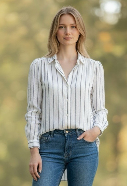 CP Shades Women’s S Linen Button Up Shirt LS Off White & Blue Stripe EUC