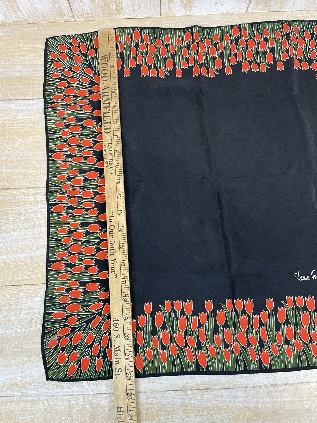 Diane Von Furstenburg Silk Scarf Black W/ Red Tulips Border *read