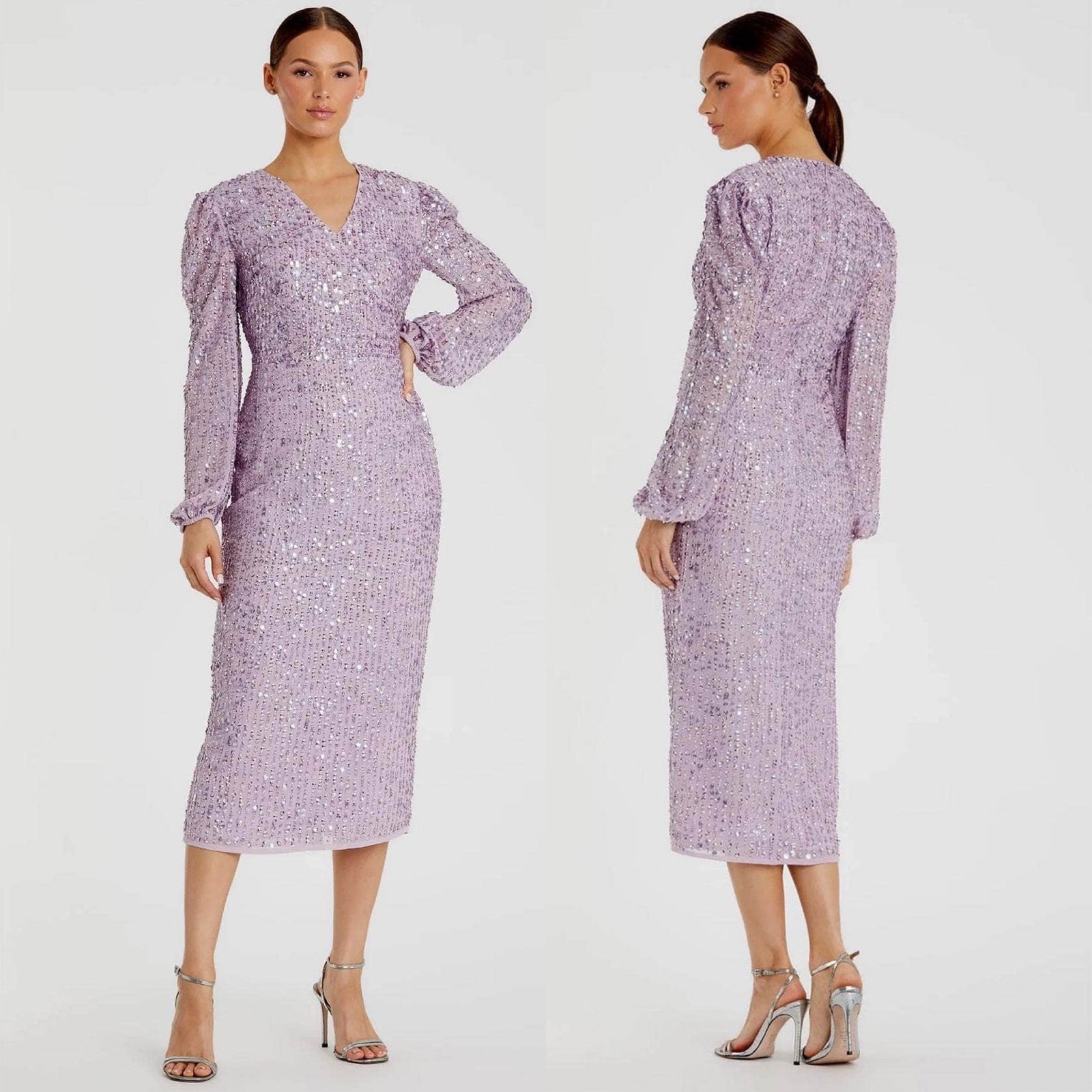 Mac Duggal Sequin Illusion Long Puff Sleeve 107641 Evening Tea Length Midi Dress