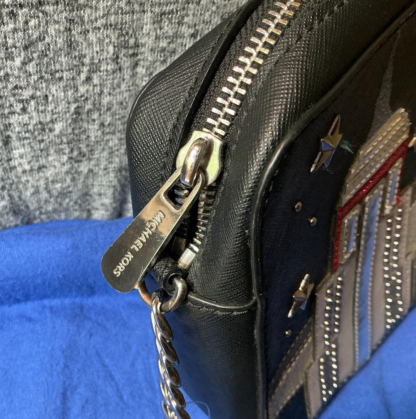 Michael Kors New York City Skyline & Chopper Stars Saffiano Leather ZipCrossbody