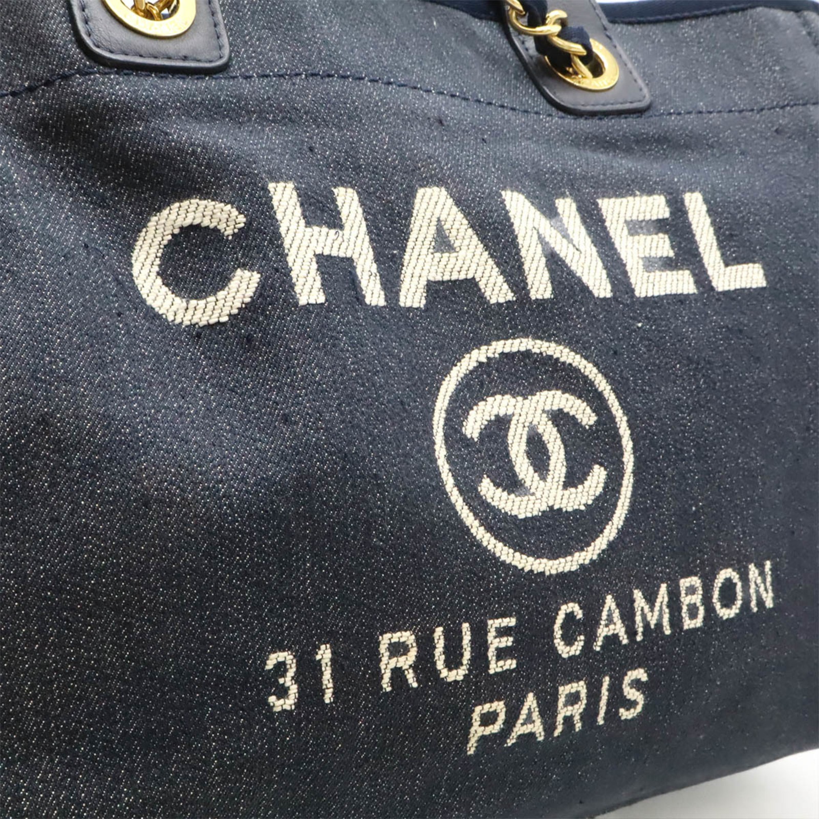 CHANEL Deauville Tote MM Medium Bag Shoulder Chain Denim Navy A67001 GZl1i6xz