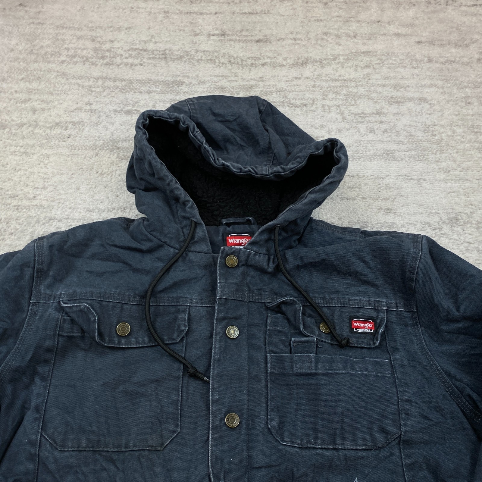 VTG Wrangler Canvas Lined Hoodie Jacket Medium Blue Quilted Full Zip Y2K Alt Men