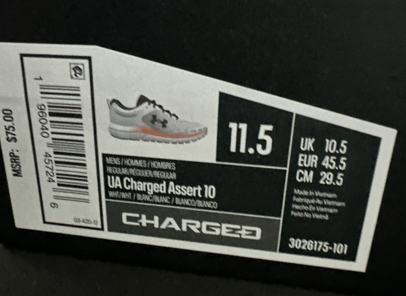Under Armour Charged Assert 10 White Black Orange 3026175-101 Men’s Size 11.5
