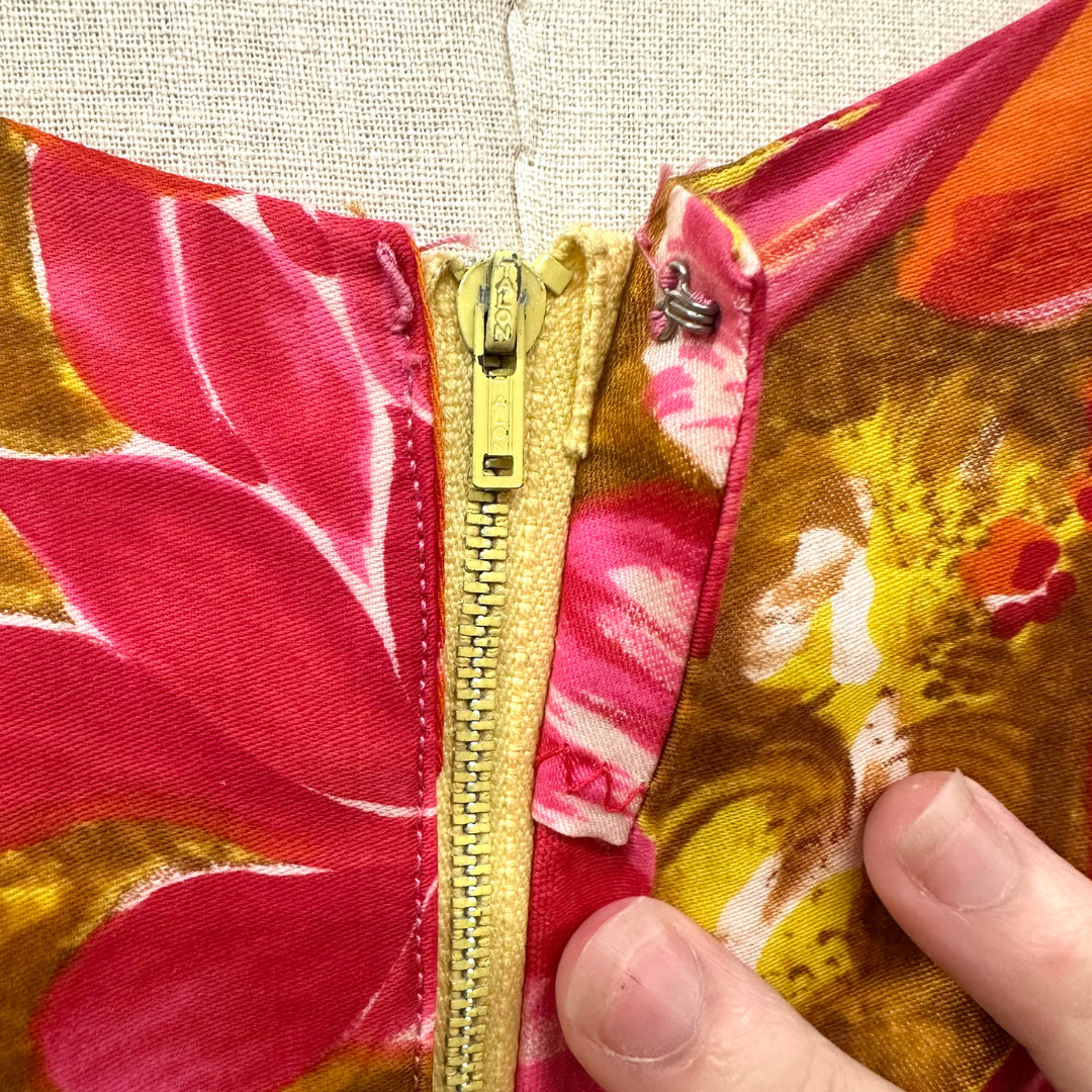 Vintage 1960s Handmade Pink & Orange Tropical Floral Trumpet Pake Muu Maxi Dress