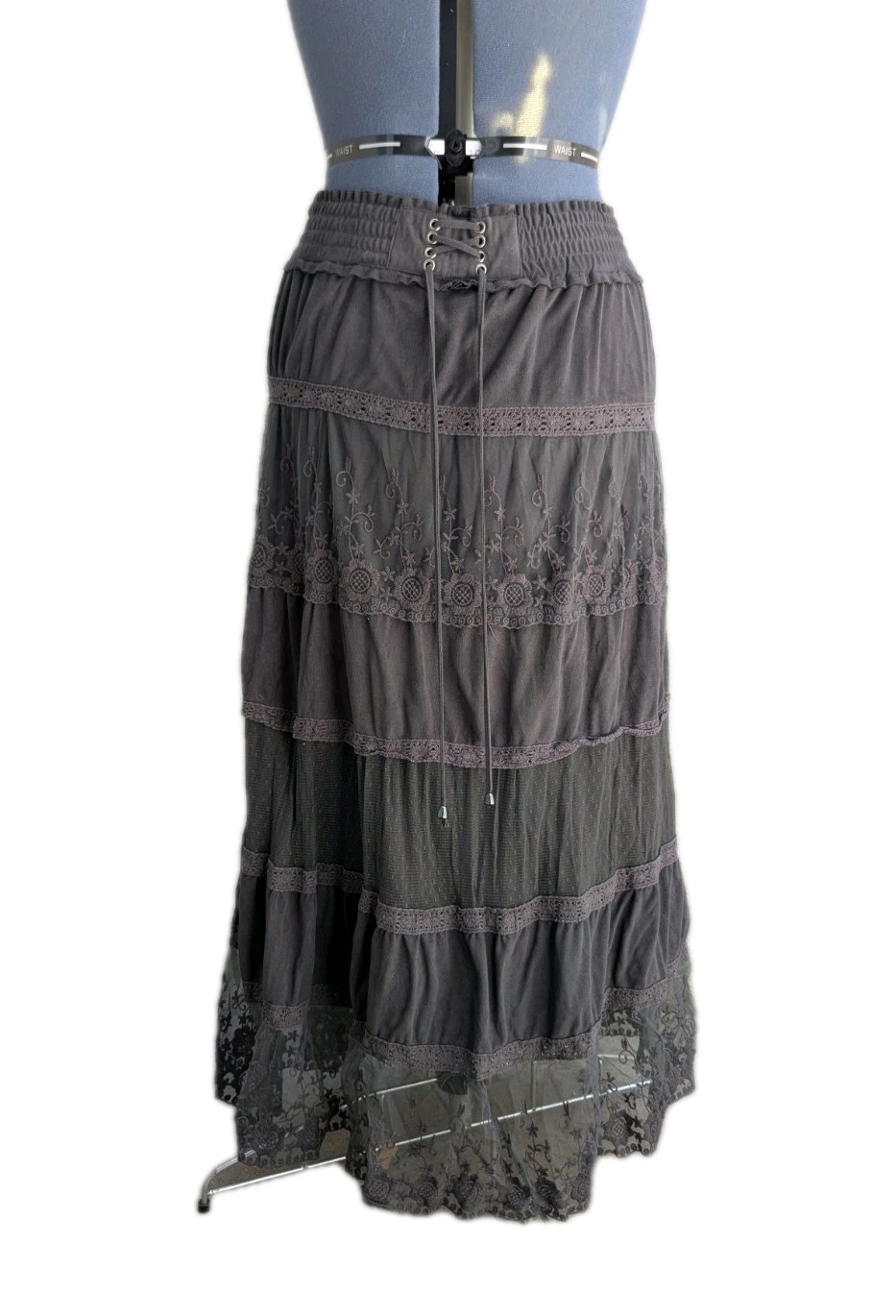 Dark Gray Gothic Witch Tiered Lace Skirt Built-In Corset Waist Belt