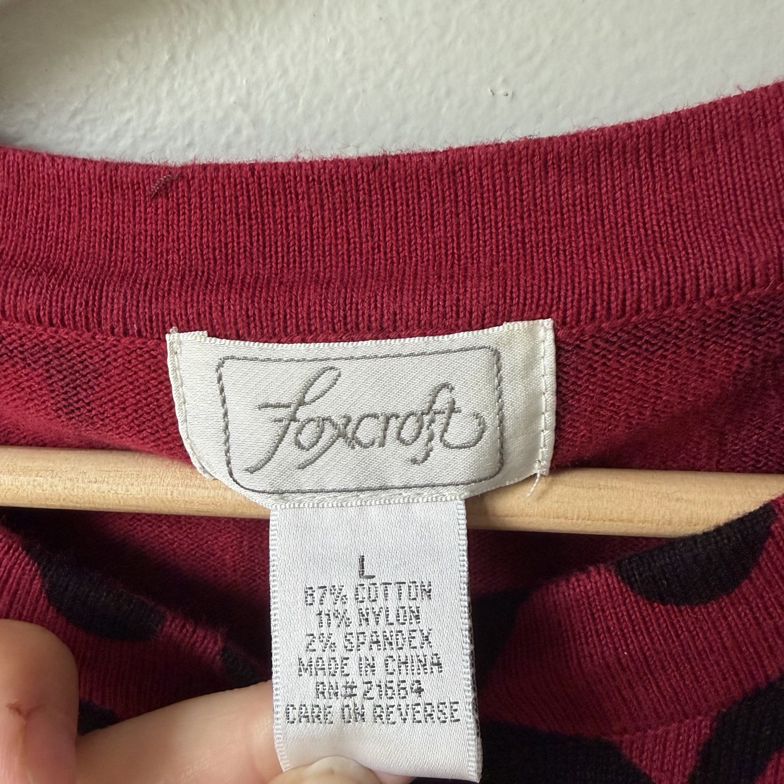 FOXCROFT Womens Cotton/Nylon/Spandex Red- Black Scroll Design Cardigan Sweater L