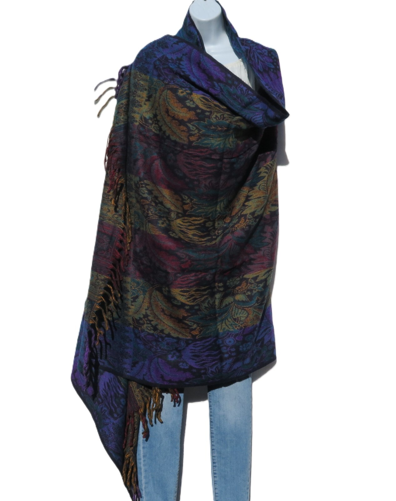 Yak Wool Blend|Paisley|Shawl/Throw|Handloomed|Nepal|Reversible|7 Panel Color|
