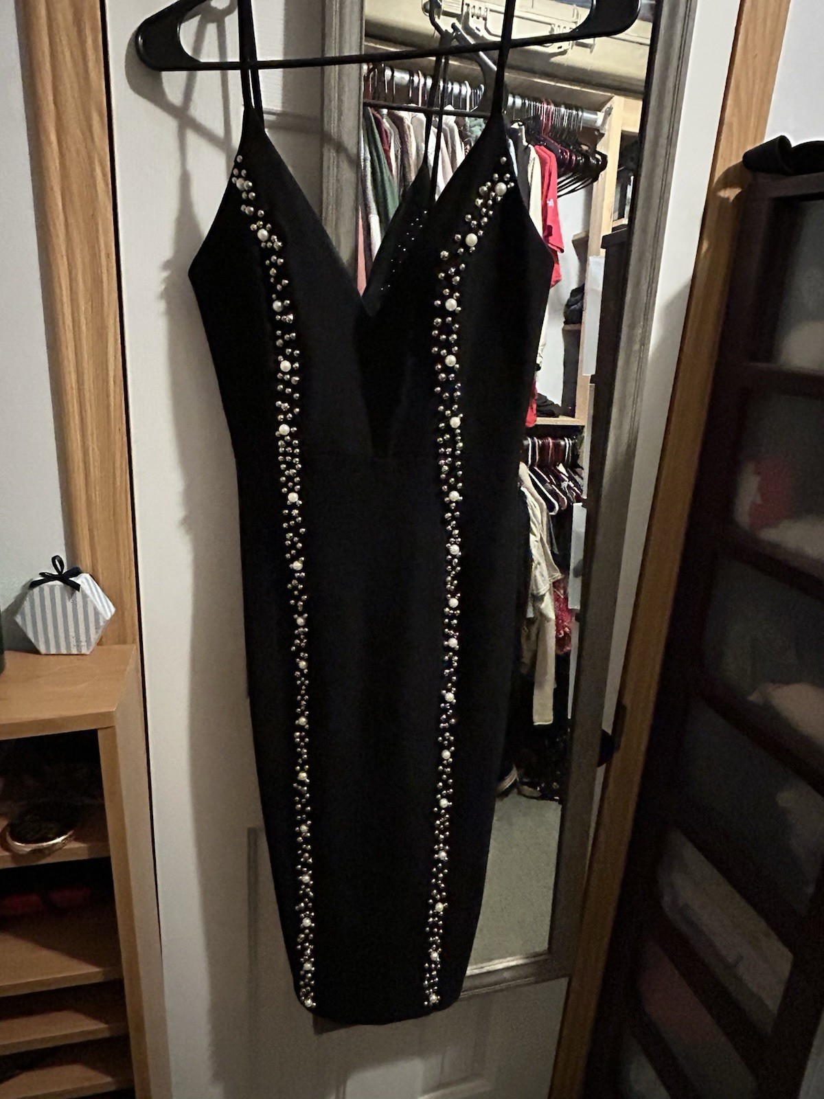 Fashion Nova Black Rhinestone V-Neck Strappy Stretch Bodycon Midi Dress S