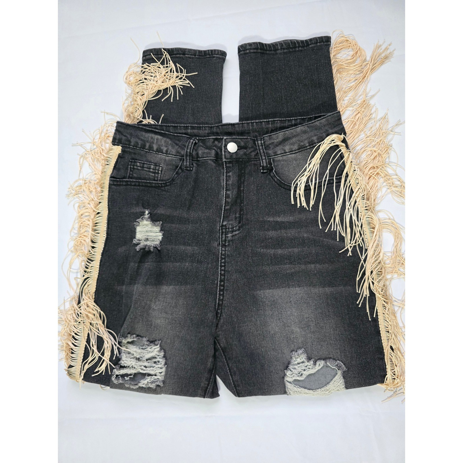 Shein Distressed Fringe Side Trim Jeans Black High Waisted Boho Ripped Denim M
