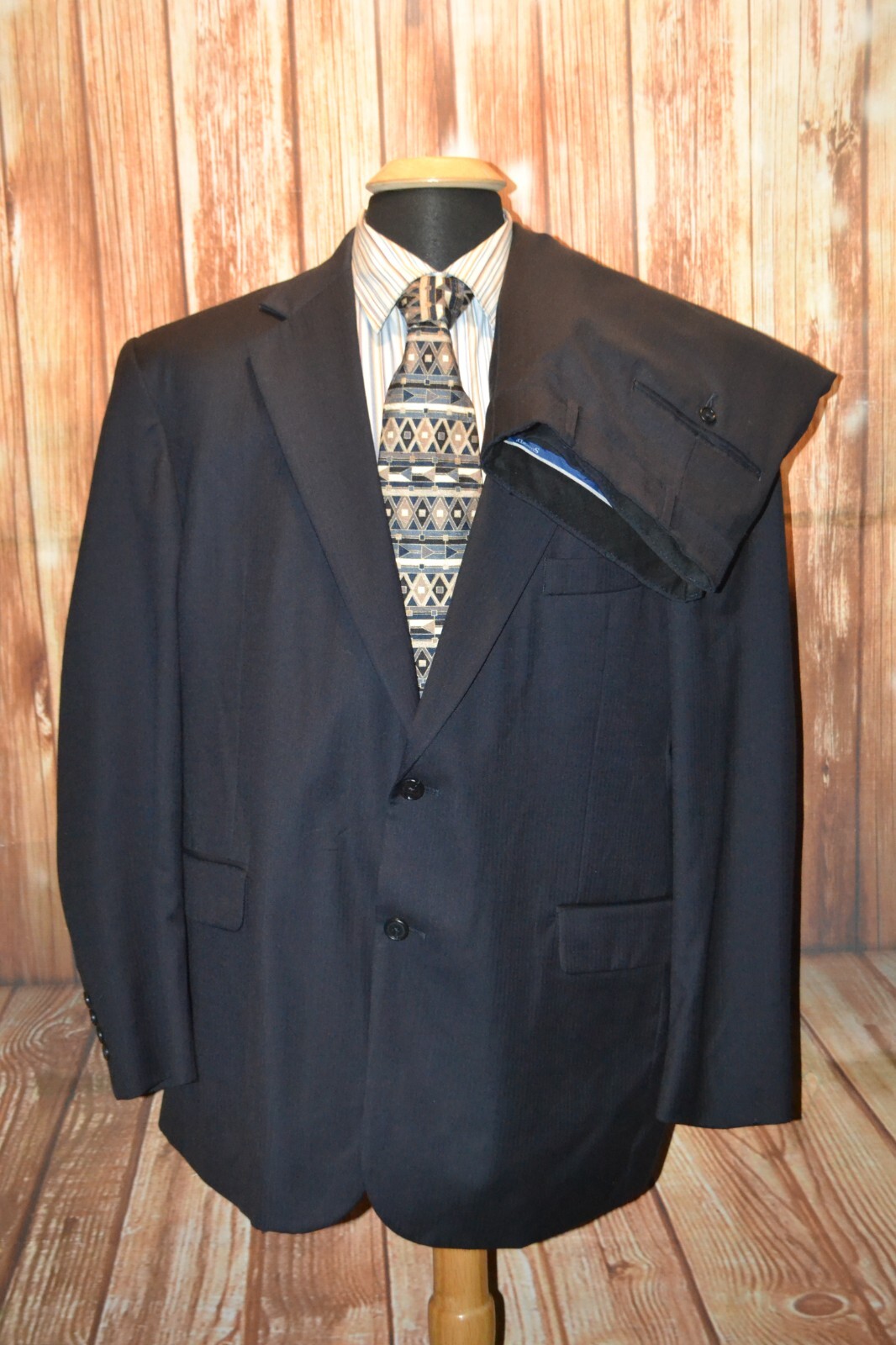 Stafford Men Performance 100% Wool Black Pinstripe Suit Sz 46R Wst 37×31
