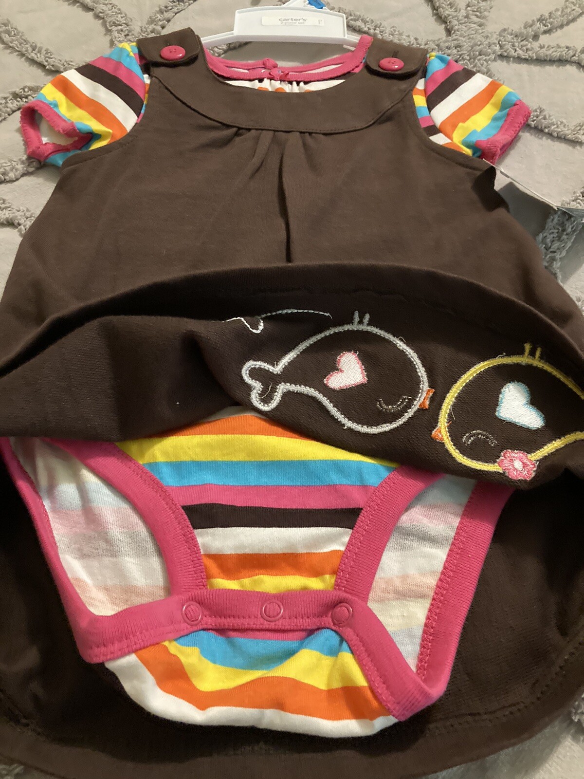 NWT Carter’s 24M girls Infant Brown Jumper Set birds applique Rainbow Bodysuit