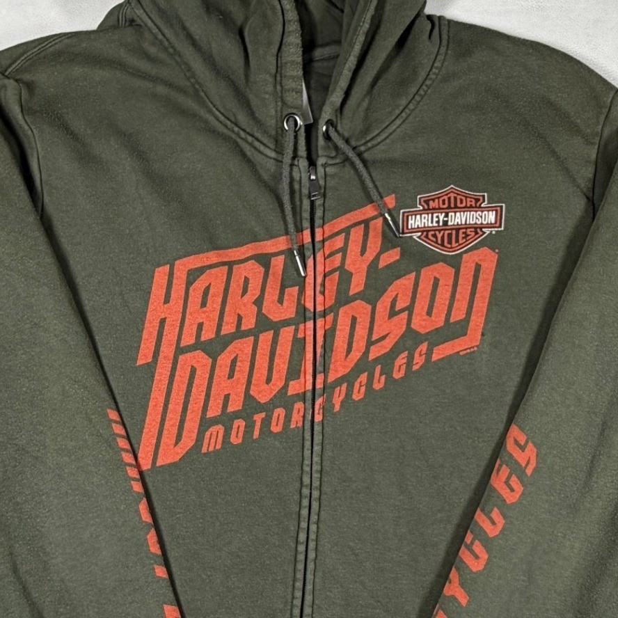 Harley-Davidson Mens Zip Up Hoodie Olive Green Orange Graphic Biker Large XL