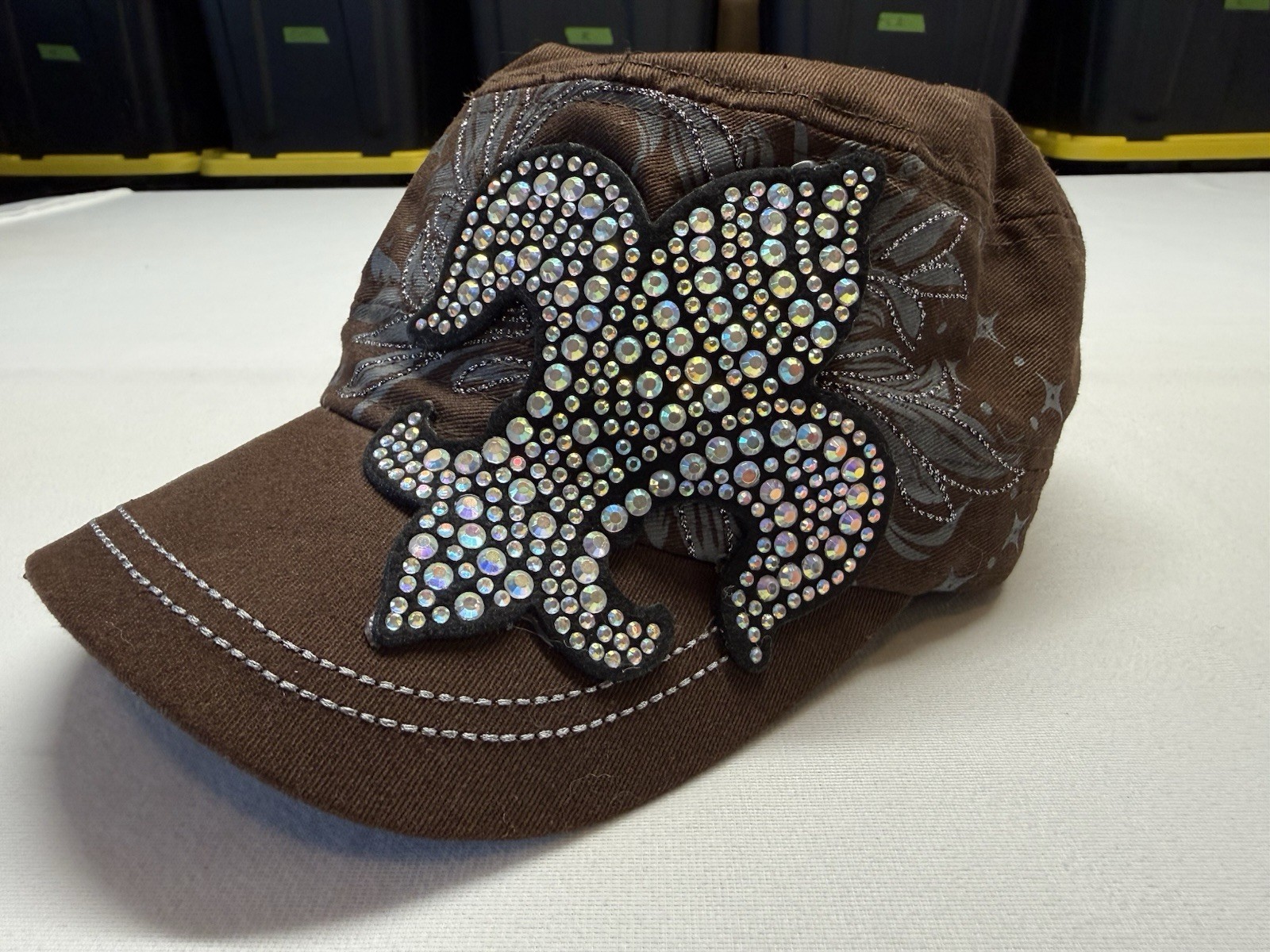Kbethos Women’s Bling Cross Rhinestone Cadet Cap Brown Adjustable